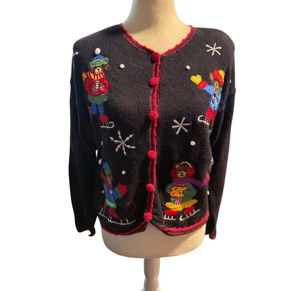 Nutcracker Vintage Christmas Bear Cardigan, Ice Skating Ugly Christmas Sweater - Picture 2 of 7
